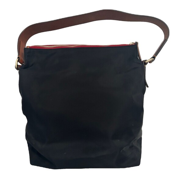 Dooney & Bourke Hobo Purse Black Nylon Cognac Leather Detail Pockets Logo Zipper - Picture 2 of 16